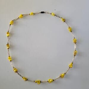 Vintage Yellow Glass Bead Necklace with Gold Tone Links and Barrel Clasp Closure